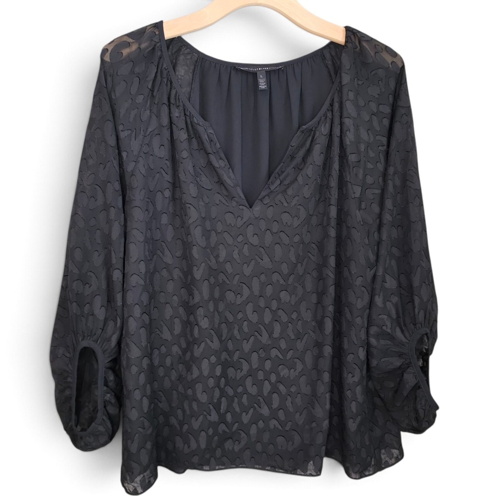 White House Black Market Top Womens L Black Leopard Animal Burnout Blouse WHBM